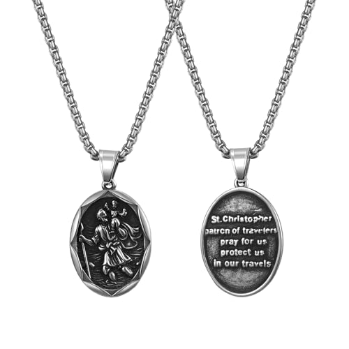Oidea Saint Christopher Necklace: St Christopher Necklace for Men Women Stainless Steel Bless Safety Medal Pendant Religious Amulets Jewelry Gifts for Parent Family Friends silver