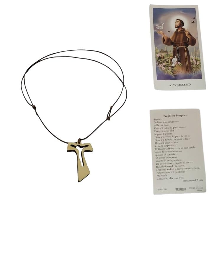 Adjustable Necklace 80-42 cm Wooden Cross 4.3 x 3 cm Perforated A1 TAO Tau of Saint Francis Pendant Rosary Mary Madonna Religious Protect Me Adjustable with Saint for Prayer