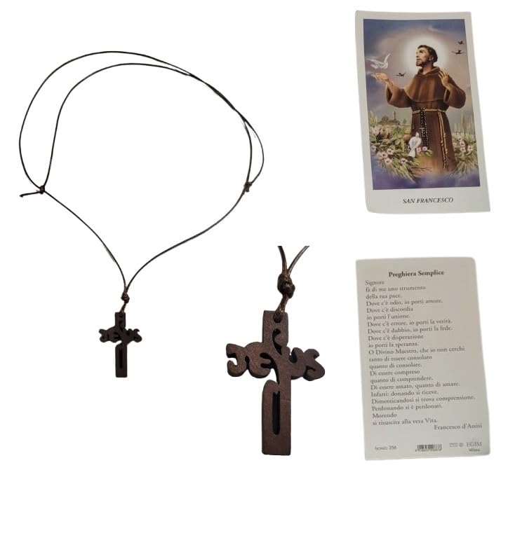 Adjustable Rope Necklace 80-42 cm Wood Cross 3.2 x 2.2 cm TAO Jesus Tau A3 of Saint Francis Pendant Rosary Mary Madonna Religious Protect Me Adjustable with Saint for Prayer