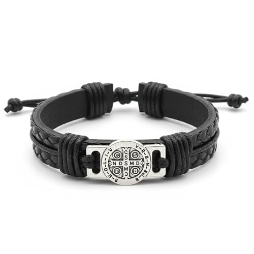 Men's Leather Bracelet with Saint Benedict Protection Symbol, Black Vintage Handmade Braided Leather Bracelets, Adjustable Religious Wristband Accessory