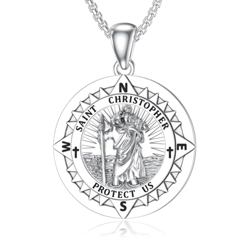 St Christopher Necklace for Men, St Christopher/Jesus Necklace 925 Sterling Silver Antiqued Religious Pendant Men Necklaces Talisman Jewellery Christening Graduation Gifts 03-St Christopher