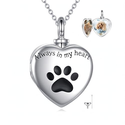 VONALA Pet Urn Necklace 925 Sterling Silver Pet Memorial Gift with Photo Inside Dog/Cat Cremation Jewellery Keepsake Heart-Shaped Pendant Urn Necklaces for Dog Cat Lover Women Men
