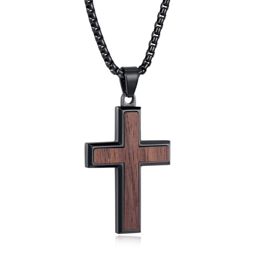 REVEMCN Wooden Cross Necklace for Men – Black Walnut & Stainless Steel Cross Pendant with Adjustable 18–24" Chain, Christian Jewellery Gift for Son Black Walnut - A 18" + 2" Extender (46 + 5 cm)