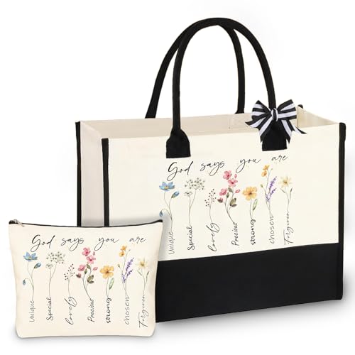 2Pcs Bible Bags Christian Gifts for Women, Large Canvas Tote Bag with Small Make up Bag, Elegant Handbags for Women Christian Gifts Religious Jesus Bible God Says Bag Set for Christmas Birthday