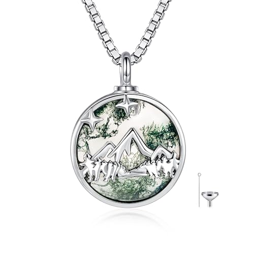 YAFEINI Mountain Urn Necklaces for Ashes 925 Sterling Silver Moss Agate Cremation Pendant Cremation Jewellery Gifts for Women Men