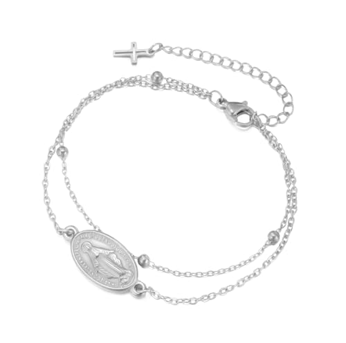 Virgin Mary Cross Bracelet for Women Virgen de Guadalupe Our Lady of Guadalupe Mother Mary Bracelet Miraculous Medal Christian Amulet Catholic Faith Jewelry Baptism Gift silver 5