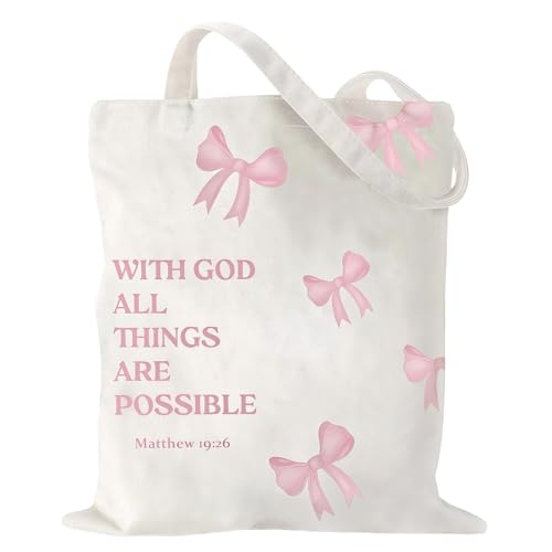 Huipalon Pink Christian Bag with Matthew 19:26 Scripture Quotes and Bow Design Minimalist Aesthetics Double-sided Bible Bags Christian Gifts for Women Girls