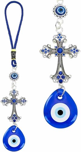 Evil Eye Crystal Cross Talisman Fatima's Holy Hand Pendant Decoration, Lucky Blue Evil Eye Hanging Ornament for Car, Home and Office for Protection and Blessing (1pc Water Droplet Evil Eye) 1pc Water Droplet Evil Eye