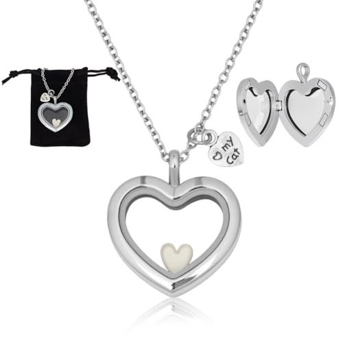 Pet Hair Memorial Necklace Stainless Steel Fur Ashes Keepsake Necklace Clear Glass Locket Necklaces Heart Charm Cat Dog Urn Picture Memorial Jewelry for Women Men Personalised Gift