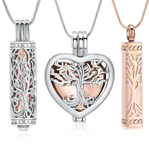 3 Pack Cremation Urn Necklace for Ashes for Women Men Stainless Steel Heart Cylinder Cube Memorial Keepsake Pendant for Holder Loved One Ash Rose-3pc