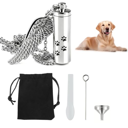 Cylinder Pet Ashes Necklace with Angel Wing, Stainless Steel Dog Urn Pendant for Ashes, Silver Cremation Jewelry Keepsake with Funnel & Pouch, Cat & Pet Memorial Necklace Paw