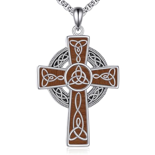 DAYLINLOVE Celtic Cross Necklace 925 Sterling Silver Wood Cross Pendant Necklace Celtic Viking Irish Jewelry Religious Protective Gift for Men Women