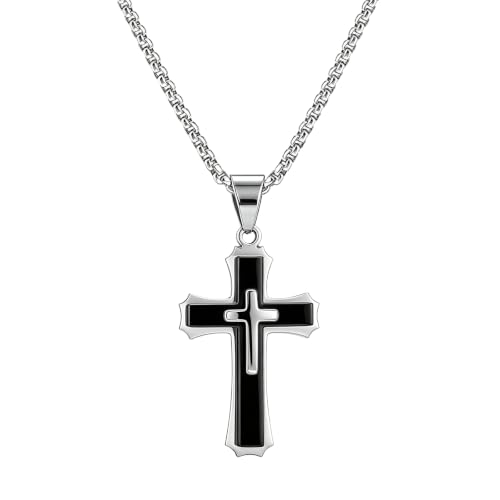 Mens Cross Necklace, Stainless Steel 3D Layered Cross Pendant Chain for Men