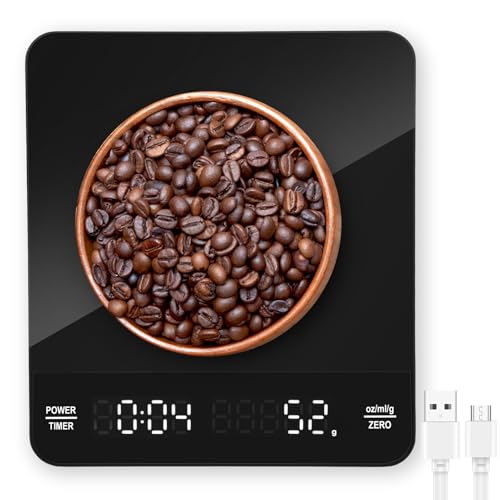 Reachargeable Mini Coffee Scale with Timer, 0.1g Accuracy 3kg High Precision Dual Digital HD LED Screen Display Kitchen Scale for Home, Travel, Labs, Gold