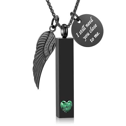 Cremation Jewelry for Ashes Angel Wing Charm Vertical Bar Urn Necklace Stainless Steel Memorial Keepsake Ash Locket Pendant for Women Men Black&Green