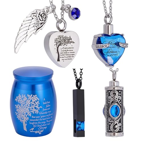 AHANDMAKER 5Pcs Urn Necklace for Ashes, Stainless Steel Cremation Keepsake Necklaces Small Cremains Container for Human Pet Ashes Heart Cuboid Column Memorial Jewelry for Women Men, 5 Styles