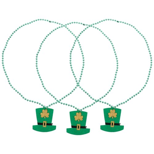 3pcs St Patrick's Day Necklaces with Green Shamrock Pendant, Lightweight Plastic Holiday Accessories Featuring Beaded Design, for St Patrick's Day Parties and Festival Decoration