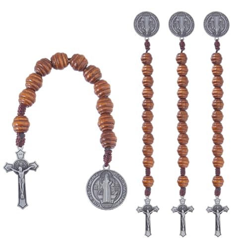 DICOSMETIC 4Pcs Saint Benedict Medal Pocket Rosary Open Style One Decade Rosary Wood Beads with Medal and Crucifix Catholic Christian Religious Gift for Men Women, 19.7cm Gunmetal