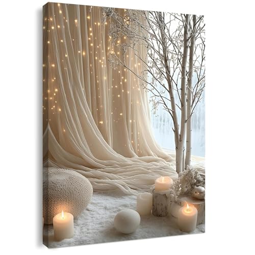 Qiukoo Canvas Wall Art Framed – Cozy Neutral Candle Lights Artwork, Soft Winter Hygge Style Wall Decor for Bedroom, Living Room, Hallway or Entryway Home Decoration, with Hooks and Nails, 12x16 Inch 40L x 30W cm