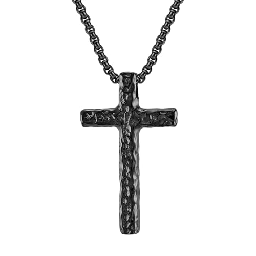 Cupimatch Men's Chunky Cross Necklace: Religious Stainless Steel Pendant, Retro Punk Christian Faith Jewelry Gift for Father's Day black
