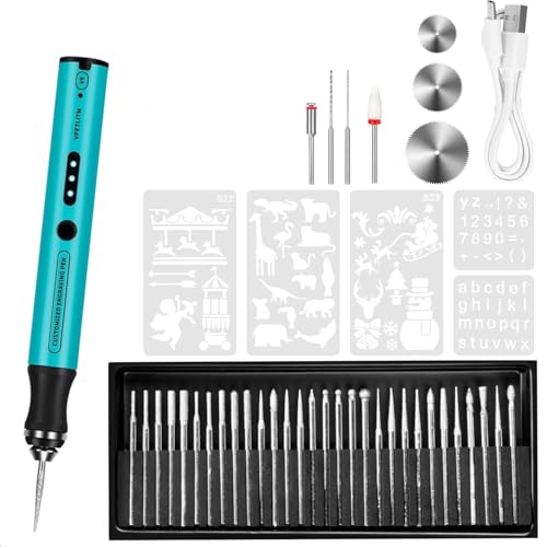 Cordless Engraving Pen, 3-Speed Electric Engraving Tool Kit, Engrave 50+ Surfaces, with 30 Small Drill bits, 7 Grinding Accessories and 5 Engraving Templates, USB Charging for Wood Resin Stone Jewelry