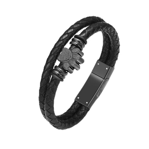 Cremation Jewelry Urn Leather Bracelet for Ashes Paw Print Urn Bracelet for Ashes for Women Men Memorial Cuff Wristband Braided Leather Bangle Keepsake Jewelry Black-22cm