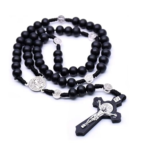 Luck Trader Saint Benedict Black Wood Rosary Beads Traditional Catholic Prayer Necklace, Religious Cross Hail Mary