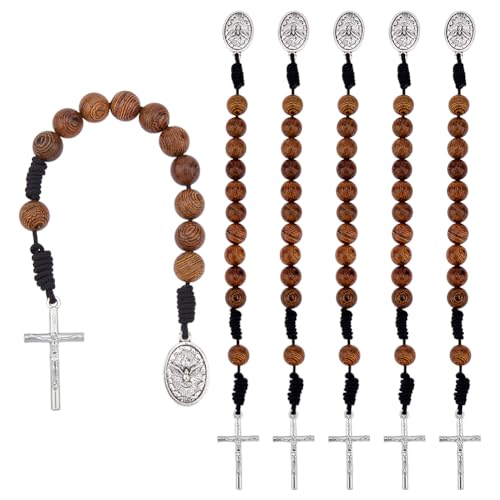 DICOSMETIC 6Pcs Saint Benedict Medal Pocket Rosary Open Style One Decade Rosary Wood Beads with Antique Silver Medal and Crucifix Catholic Christian Religious Gift Pack for Men Women