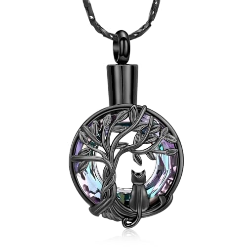 Tree of Life Urn Necklace, Cat Cremation Jewelry for Women Men black&purple