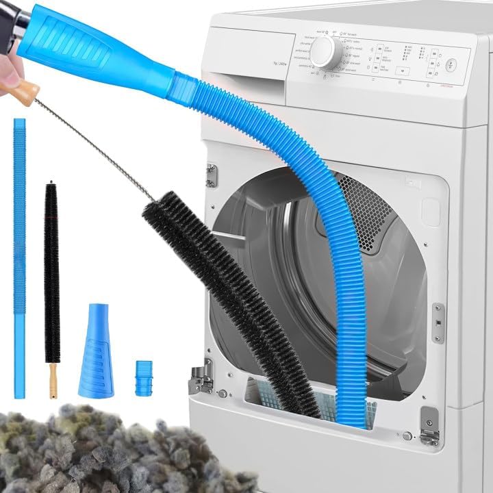 2 Piece Dryer Vent Cleaner Kit, Universal Vacuum Hose Attachment and Lint Brush, Compatible with All Vacuum Cleaners, for Washer and Dryer Lint Remover etc Blue Hose and Fittings, Black Long-handled Brush
