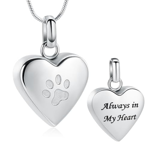 Cremation Jewelry Paw Print Heart Urn Necklace for Ashes for Women Men Pendant Memorial Keepsake for Human/Dog's & Cat's Ashes Silver-Always in My Heart
