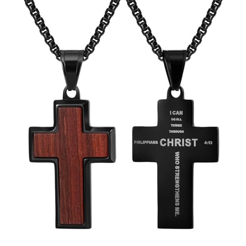 Flongo Cross Necklace for Men – Black Wood and Stainless Steel Christian Necklace Engraved with Bible Verse Philippians 4:13 “I can do all things through Christ”, Philippians Cross Pendant Black