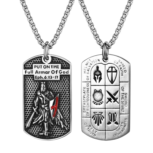 Flongo Armor of God Cross Necklace for Men – Black Stainless Steel Dog Tag Pendant with Bible Verse Ephesians 6:13‑17, Knight Design Christian Jewellery Symbol of Faith and Protection Silver