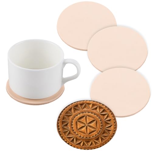 5PCS 8.2cm Round Vegetable Tan Genuine Leather Pad for Laser Engraving 3mm Thick Tooling Veg Circular Leather Pieces Sheet for Coasters Tooling Stamping Carving