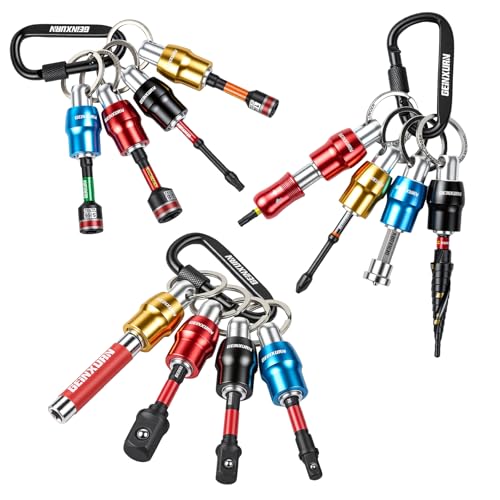 Geinxurn 25Pcs Magnetic Drill Bit Holder Keychain Set, 1/4" Hex Shank Quick-Change Bit Extension Aluminum Alloy Screwdriver Bit Holder, Incl. Step Drill, Screwdriver Bits, Sockets Adapter, Nut Driver 25pcs Bit Holder Keychain Set