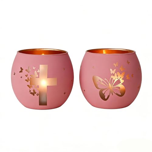Pink Butterfly Cross Candle Holders 2Pcs Religious Christian Gifts Butterfly Pink