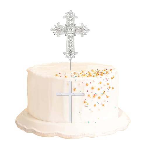 Cross Cake Topper - 2PCS Baptism Cake Topper with Rhinestone and Acrylic Designs, Glitter Cross Religious God Bless Cakes, Christening Decorations for Birthday Baby Shower Crossing Toppers Sliver