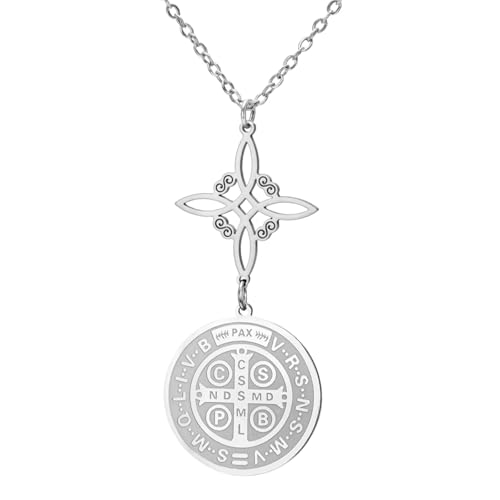 TEAMER Saint Benedict Witch Knot Pendant Necklace Double Protection St. Benedict Necklace Jesus Cross Religious Catholic Amulet Jewelry Silver No Chain