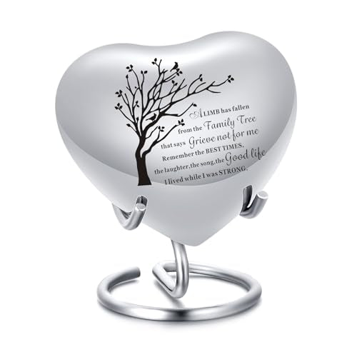Heart Urn for Ashes - Small Heart Shaped Keepsake Urn for Human (Male/Female) or Pet Remains, Holds Small Portion of Ashes with Stand Silver-tree of Life