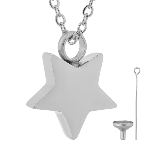 CREATCABIN Star Urn Necklace for Ashes Keepsake Cremation Jewelry Stainless Steel Urns Pendant Mini Urn Jewelry Silvery Star Necklace Ashes Holder Lockets with Funnel Pin for Women Men 17.99 Inch