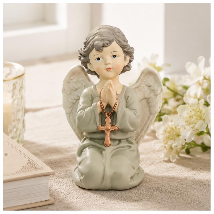 Praying Angel Figurine, Spiritual Gift with Cross, Christian Keepsake Kneeling Praying Angel with Cross