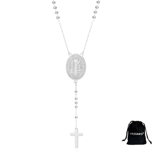 VASSAGO Saint Benedict Necklace Stainless Steel Catholic Religious Medal Pendant with Cross Protection Jewelry for Women Men silver cross 1