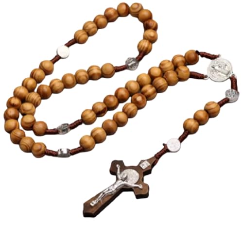 Rosary Beads with Jesus Christ on Cross St Saint Brigid Pendant Necklace Wooden Style Beads v3