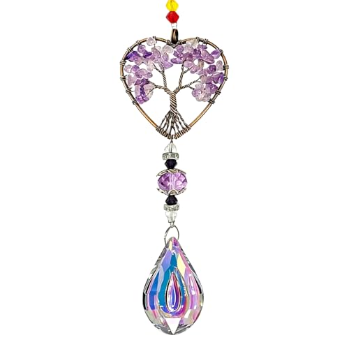 Tree of Life Natural Chakra Healing Crystal Window Decor, Amethyst Sun Catchers for Windows, Gemstone Pendant Rainbow Maker Hanging Crystal Spiritual Gifts for Women, Window Decor