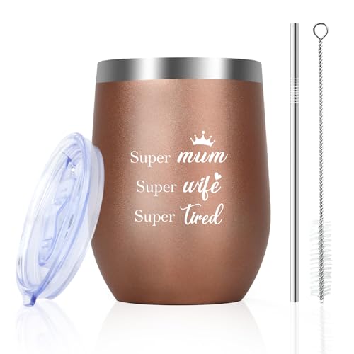 Mothers Day Gifts for Mum from Daughter Son Birthday Gifts for Mum Wife Gift from Husband Bonus Step Mummy Women Mother's Day Presents 12oz Wine Tumbler with Straw and Lid Coffee Cup Rose Gold Easter Wife-mum