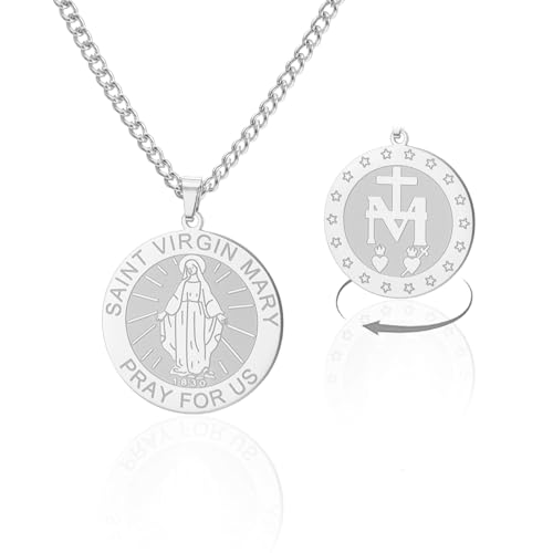 Virgin Mary Necklace Stainless Steel Medal Necklace Catholic Virgen de Guadalupe Pendant Christian Religious Jewelry for Women Men silver