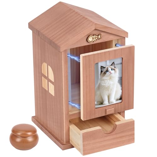 Wooden Cat Urn for Ashes, Pet Ashes Box with Movable Picture Frame Walnut Brown House S