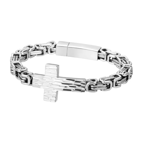 Flongo Men’s Byzantine Cross Bracelet – Silver Stainless Steel Link Bracelet Christian Jewellery Symbol of Faith Strength and Courage Religious Gift for Men Communion Baptism Easter Church Silver
