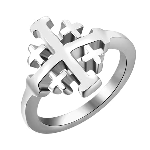 Flongo Men’s Jerusalem Cross Ring: Gold Christian Signet Ring Religious Jewellery Knights Templar Symbol Faith Strength Courage Gift for Men Church Baptism Easter Christmas Religious Style - Size 8 Silver&10