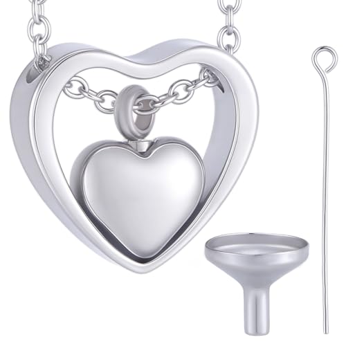 CREATCABIN 1 Box Double Heart Urn Necklace Silver Ashes Necklace 16 Inch Stainless Steel Keepsake Pendant Locket Funnel with Eye Pins Cremation Jewelry for Human Ashes Holder Pets Memorial Funeral